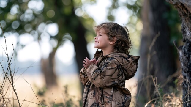 Young boy in camouflage exploring nature smiling happily