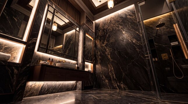 Luxury Bathroom Interior with Dark Marble and Modern Lighting