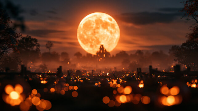 Halloween Landscape with Giant Full Moon and Glowing Pumpkins