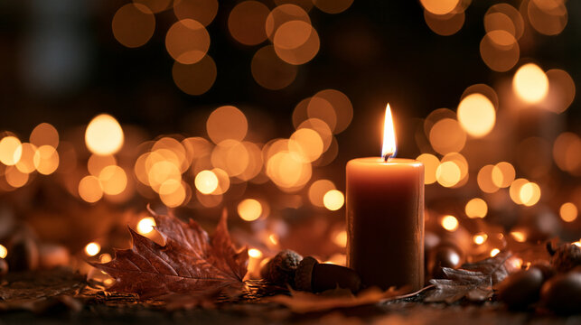 Burning Candle with Autumn Leaves and Bokeh Lights
