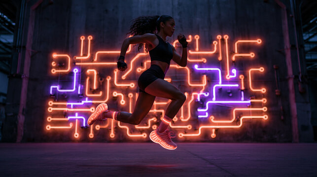 Athletic Woman Running in Front of Neon Circuit Wall