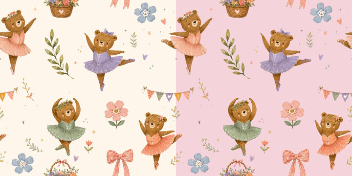 Cute Bear Ballerina Seamless Pattern, Watercolor Dancing Bears with Flowers, Bows and Ballet Elements