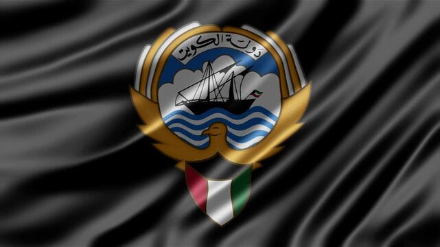 Kuwait national emblem waving on dark black silk fabric texture motion animation background representing official government state identity symbol footage