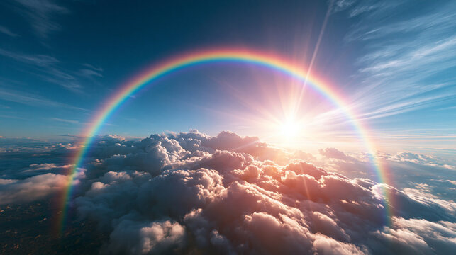Vibrant Rainbow Above Fluffy Clouds with Bright Sunlight