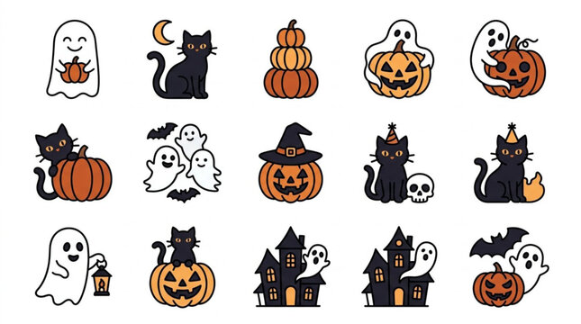 Halloween themed icons with ghosts cats and pumpkins.