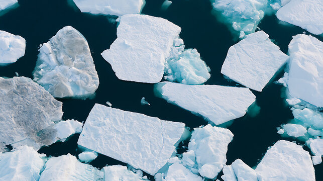Aerial view of large icebergs and ice floes drift in cold dark ocean water, remote polar region landscape with stunning arctic scenery