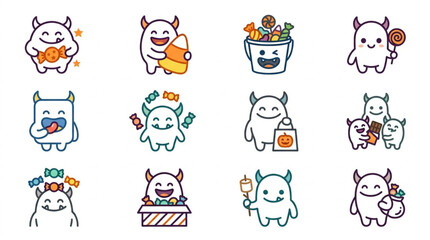 Fototapeta premium Cute Monster Characters Holding Various Objects and Food.