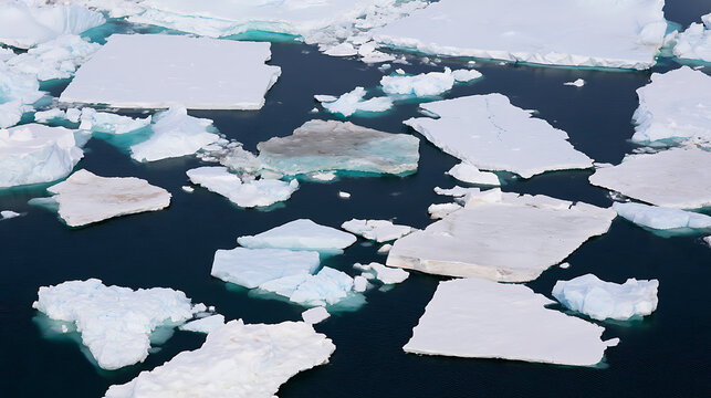 Aerial view of large ice floes and broken tabular icebergs drift in the cold dark ocean water of the polar region during winter season