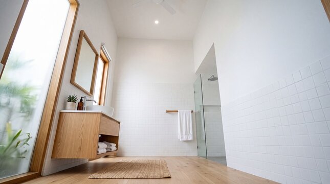 Modern Minimalist Bathroom Interior with Wooden Vanity