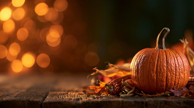 Thanksgiving Pumpkin on Rustic Wooden Table with Bokeh Lights
