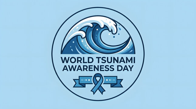 Minimalist circular logo design for World Tsunami Awareness Day. Features a stylized crescent-shaped blue ocean wave icon with text and ribbon below