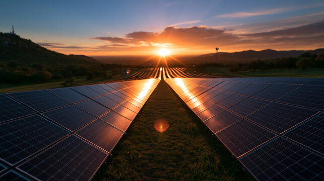 Solar Panels on Farm Field Generating Energy at Sunset