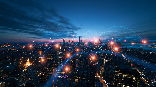 Smart City Digital Network Communication Lines Over Night Skyline