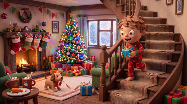 Animated Boy Running Downstairs with Gift on Christmas Morning