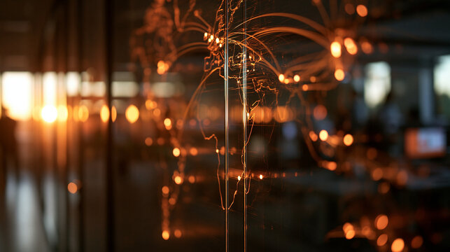 Glowing World Map Graphic on Modern Office Glass Partition