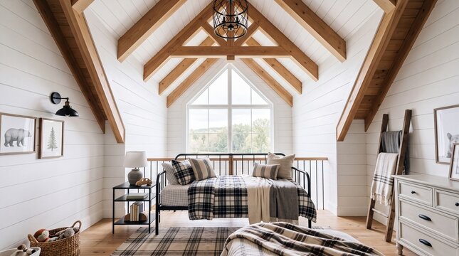 Modern Farmhouse Loft Bedroom with Exposed Wooden Beams