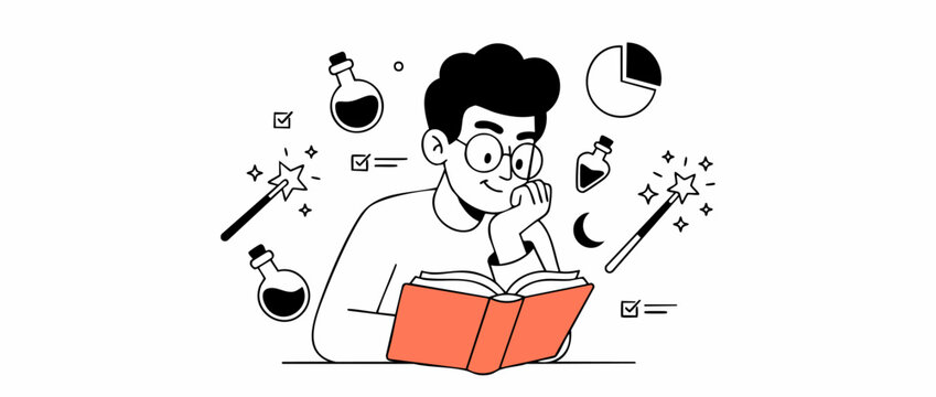 Man Reading Book Magic Illustration Vector Minimalist Line Art Character Studying Data Potions Analysis Strategy Creative Skill Learning Banner Flat White Background Graphic Concept Symbol Design Art