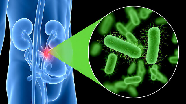 Medical illustration of Escherichia coli bacteria causing kidney infection and urinary tract infection in human body with microscopic view