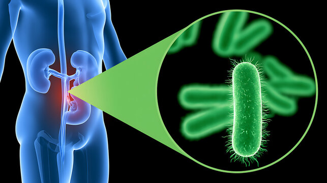 Medical illustration depicting bacterium causing kidney infection, pyelonephritis, urinary tract infection, microscopic view of pathogen organism