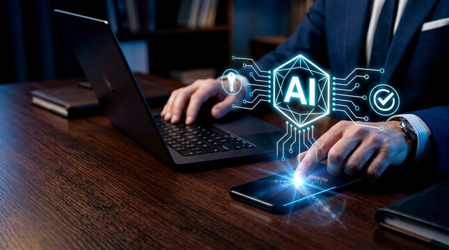 Close-up photo of business leader at an office desk managing data privacy AI governance on decentralized blockchain audit using laptop and mobile phone