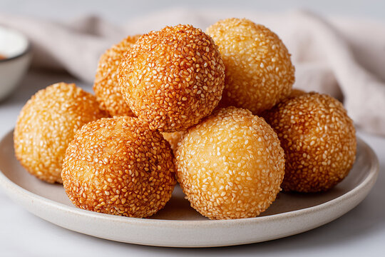 Delicious fried sesame balls onde onde snacks on a ceramic plate