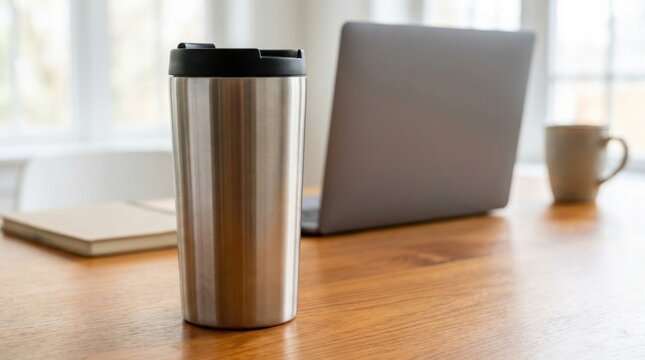 Stainless steel travel mug on a wooden desk with laptop and coffee cup.