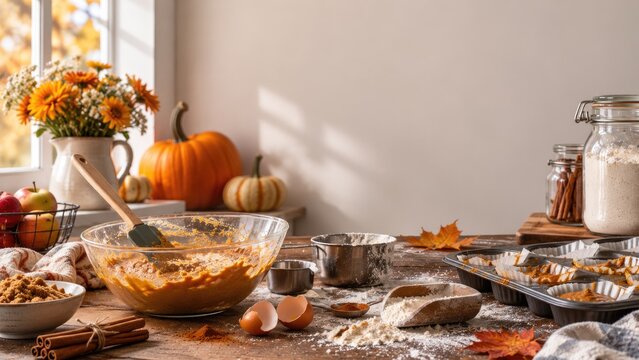Autumn baking scene with pumpkin batter, flour, spices, and fresh flowers on a rustic wooden kitchen table by a window