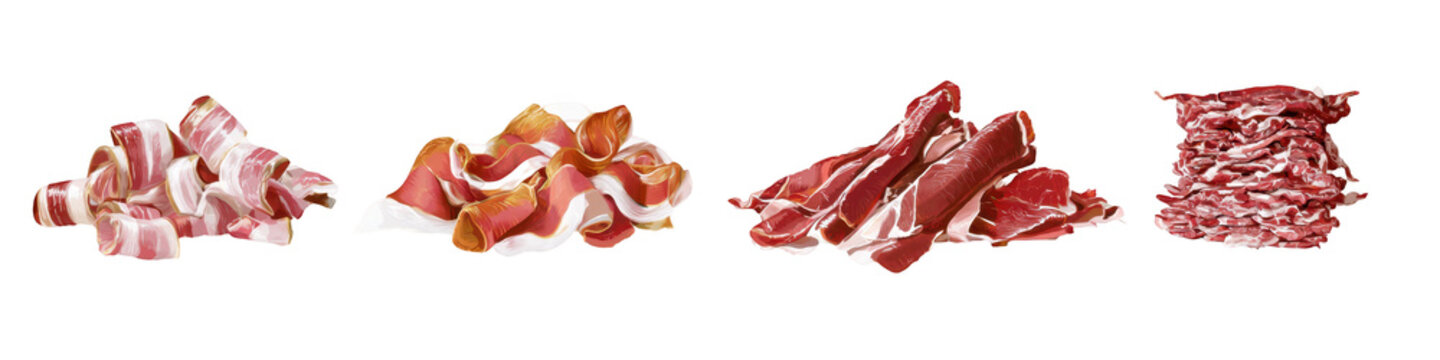 Four distinct types of sliced charcuterie meat arranged in piles on white background