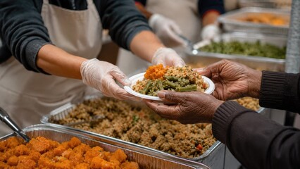 Obraz premium Volunteer wearing a white apron and plastic gloves serving a plate of food to a person in need at a community soup kitchen