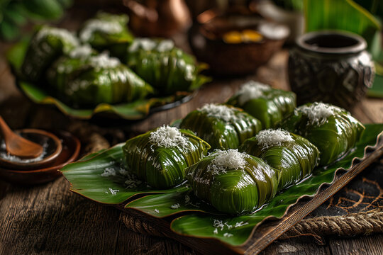 Traditional green kue bugis with grated coconut on banana leaves