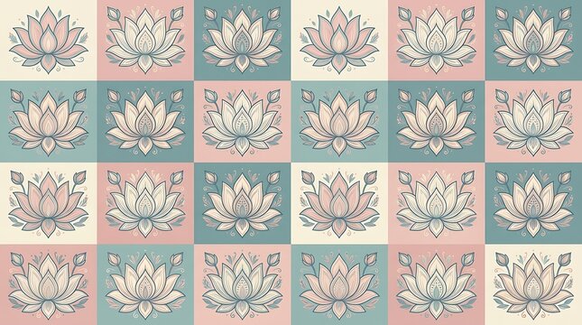 floral checkerboard pattern with lotus theme with squares in soft pink, teal, and cream tones