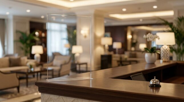 Elegant hotel lobby interior with reception desk and comfortable seating areas.