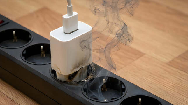 White smoking usb charger plugged into modern black power strip on wooden surface