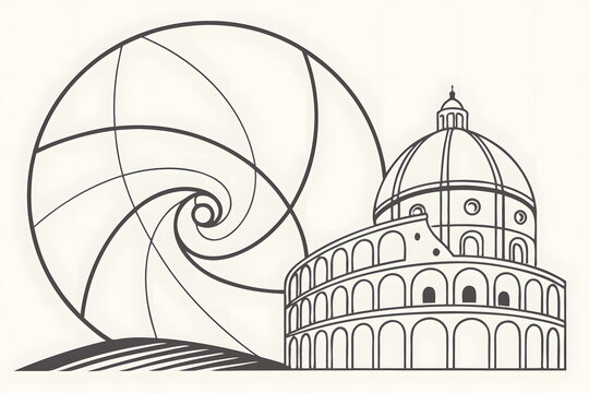 Roman colosseum and spiraling geometric lens aperture design black and white vector art for travel agency branding or architectural icons.