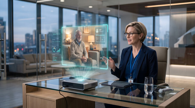 Professional female consultant using futuristic holographic projection technology for a remote telehealth video conference with an elderly patient from her modern office desk at night.