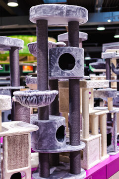 Gray Multi-Level Cat Tree Display in Pet Store