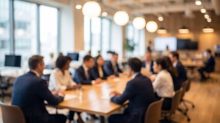 Obraz premium Blurred business professionals engaged in a collaborative meeting around a conference table in a modern office setting with blurred background and overhead lighting