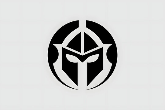 Minimalist circular spartan helmet logo badge in black and white silhouette design.