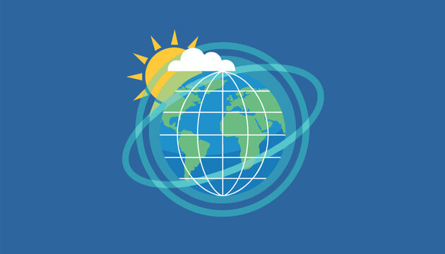 Stylized illustration of planet earth with latitude and longitude lines surrounded by orbits with a sun and cloud in the background.