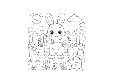 Cute Cartoon Rabbit in Carrot Garden Coloring Page