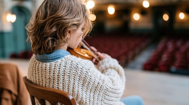 A young child passionately plays the violin on stage, conveying the beauty of music and talent, as well as the joy of performance in an elegant theatre setting.