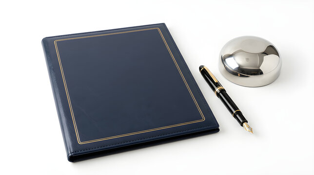 Blue leather notebook with fountain pen and paperweight on a white desk background