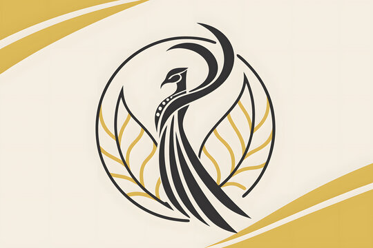 Stylized bird emblem inside circular frame with foliage elements in modern black and gold line art style.