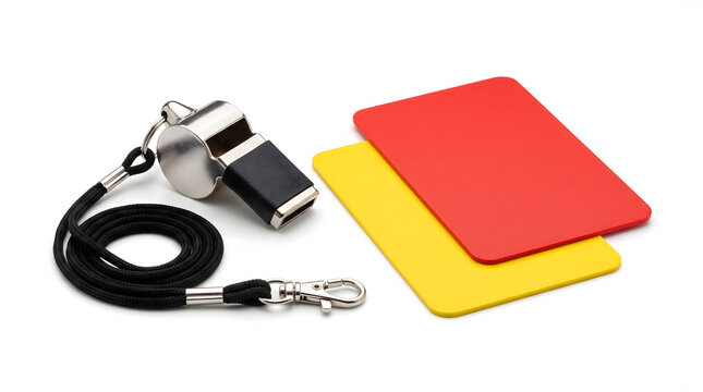 Referee's essential tools: a polished metal whistle on a black lanyard, with a yellow caution card and a red penalty card, isolated on white, symbolizing sports rules, fair play, and disciplinary