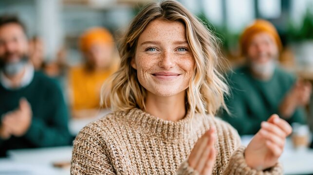 A spirited young woman claps enthusiastically amidst a joyful crowd at an event, capturing an essence of celebration, positivity, and genuine emotions.