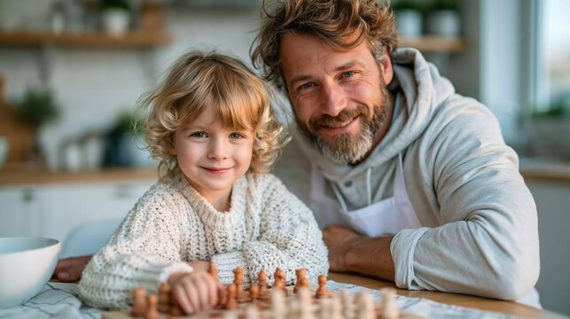 A happy father and his son are playing chess at home, sharing smiles and bonding over the game while surrounded by a warm, cozy kitchen environment.