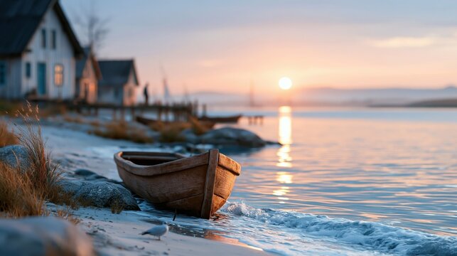 A tranquil sunset casts warm colors over a peaceful lake bordered by soft sand, with a wooden boat anchored nearby, offering a perfect atmosphere for relaxation and serenity.