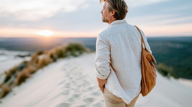 A contemplative man enjoys a serene walk on sandy dunes during sunset, capturing the essence of nature's beauty and the tranquility of the moment.