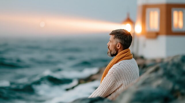 A thoughtful man sits by the rocky shore near a lighthouse, gazing out at the ocean while reflecting on life and embracing the calming effect of the sea.