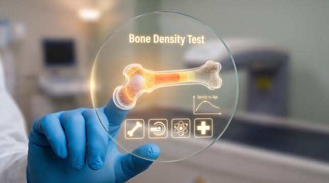 Medical professional hand touching interactive circular digital screen display conducting bone density test with glowing 3D femur bone DEXA scan density vs age graph and orthopedic icons in radiology 
